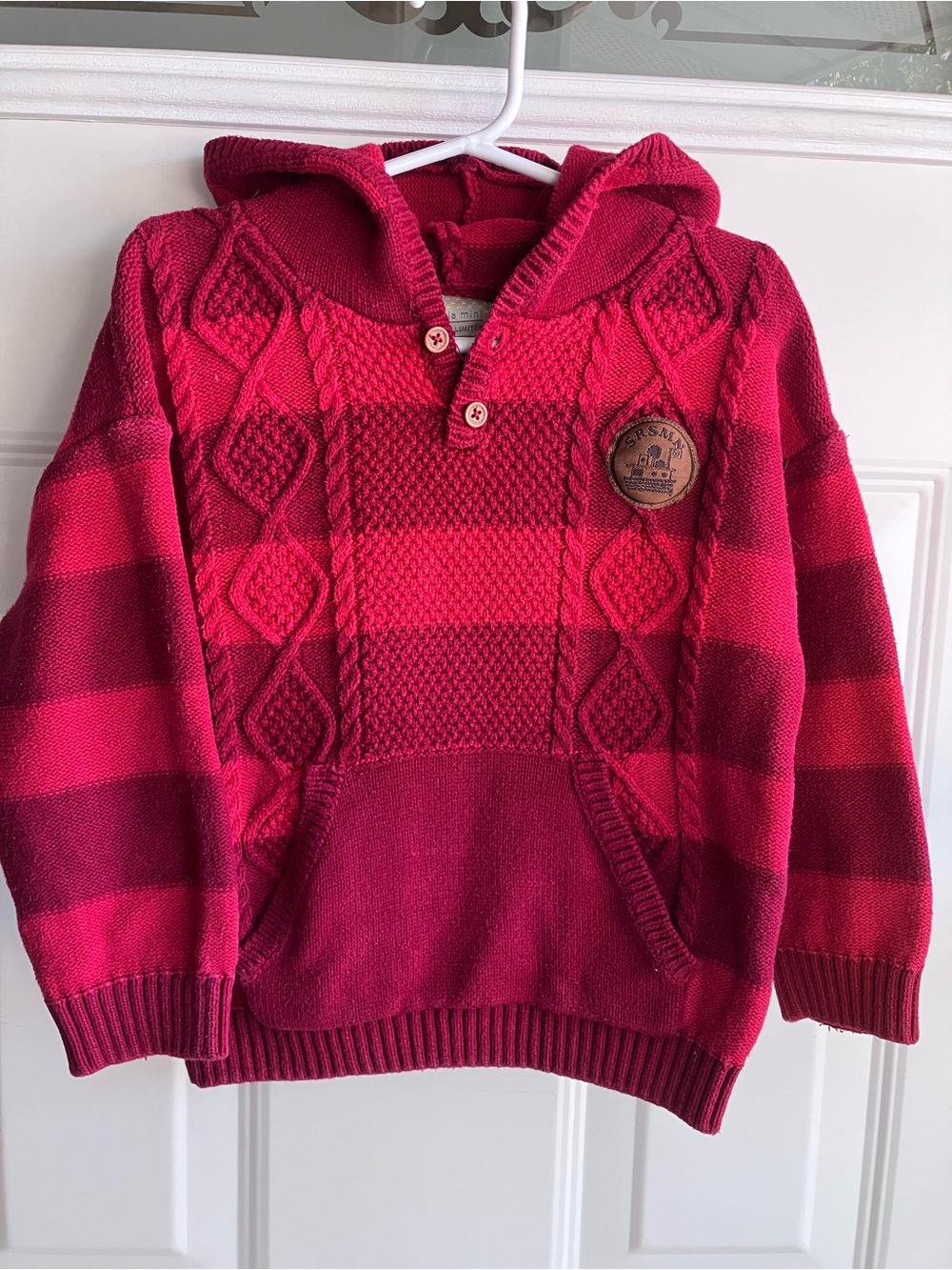 Souris Mini Red cable knit hooded sweater 100% cotton 4T